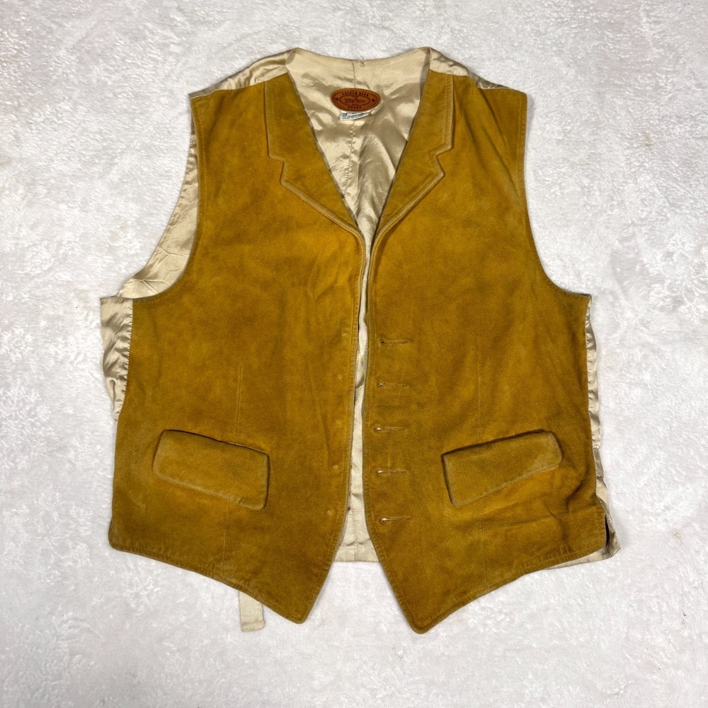 Vintage Golden Bear Vest Mens Medium Brown Suede Leather Pockets Western Classic